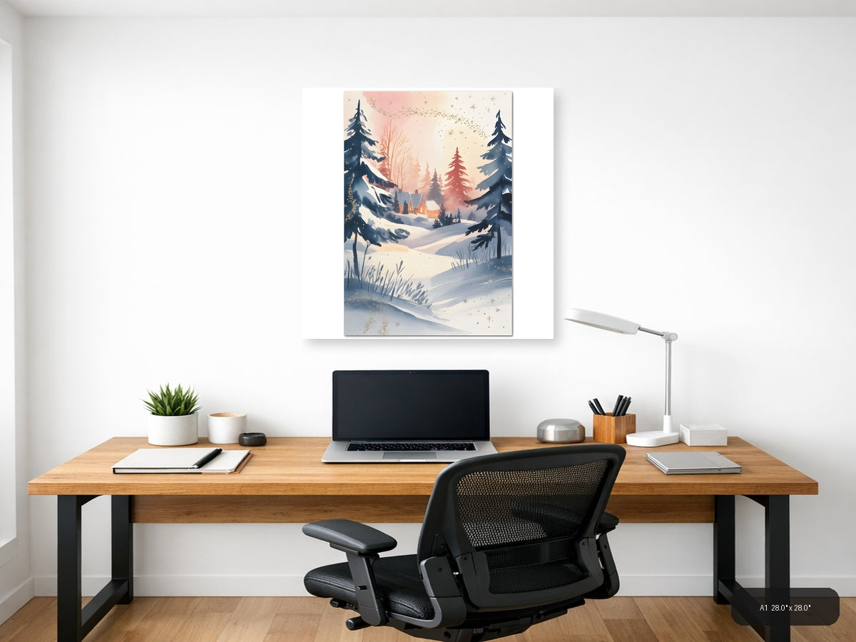 Winter Cabin Snow Forest Watercolor Wall Art — A1 / Office