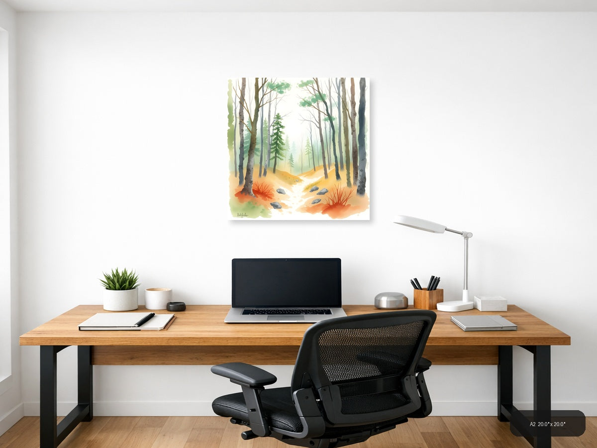 Misty Forest Stream Watercolor Wall Art — A2 / Office