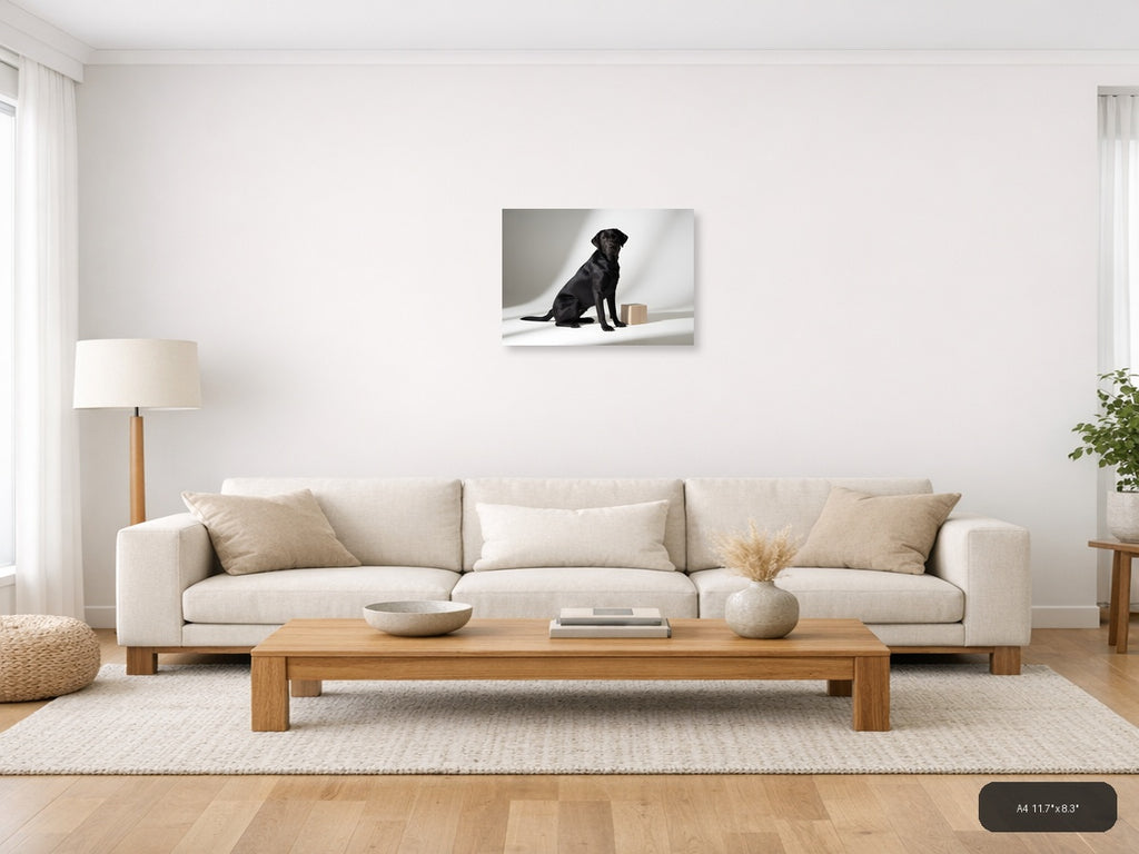 Black Labrador with Wooden Block Minimalist Wall Art — A4 / Living Room
