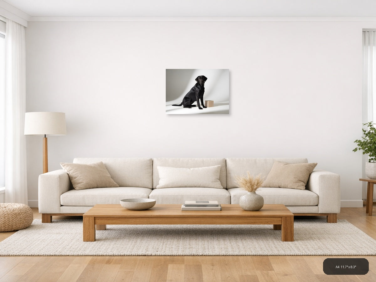 Black Labrador with Wooden Block Minimalist Wall Art — A4 / Living Room