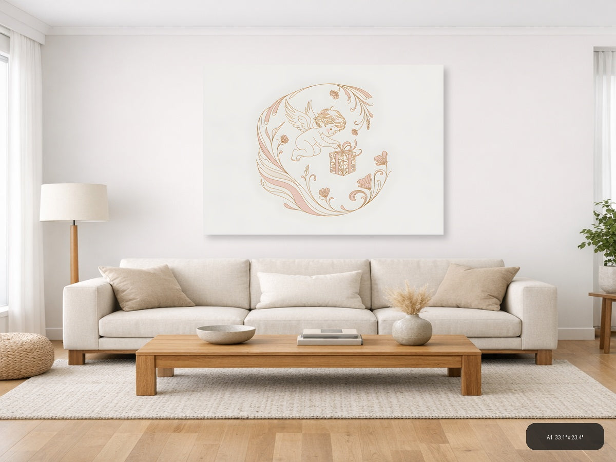 Cherub Gift Line Art Wall Art in Rose Gold — A1 / Living Room