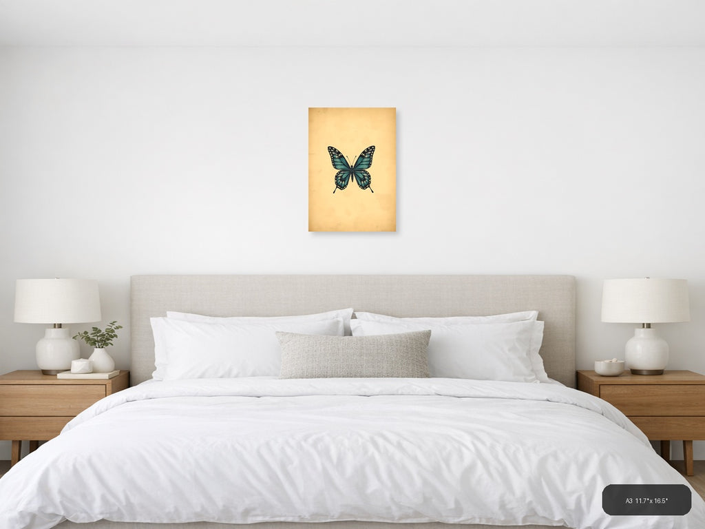 Vintage Teal Butterfly Illustration Wall Art — A3 / Bedroom