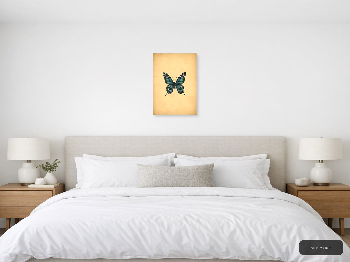 Vintage Teal Butterfly Illustration Wall Art — A3 / Bedroom
