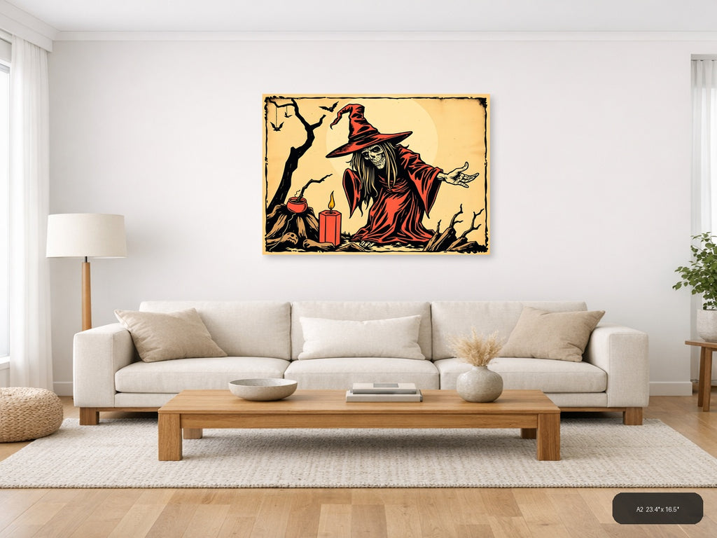 Vintage Witch in Red Robe Halloween Wall Art — A2 / Living Room