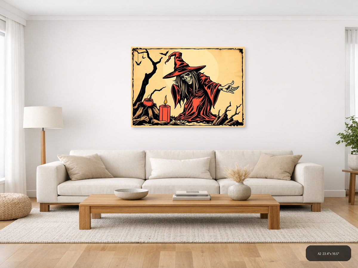 Vintage Witch in Red Robe Halloween Wall Art — A2 / Living Room