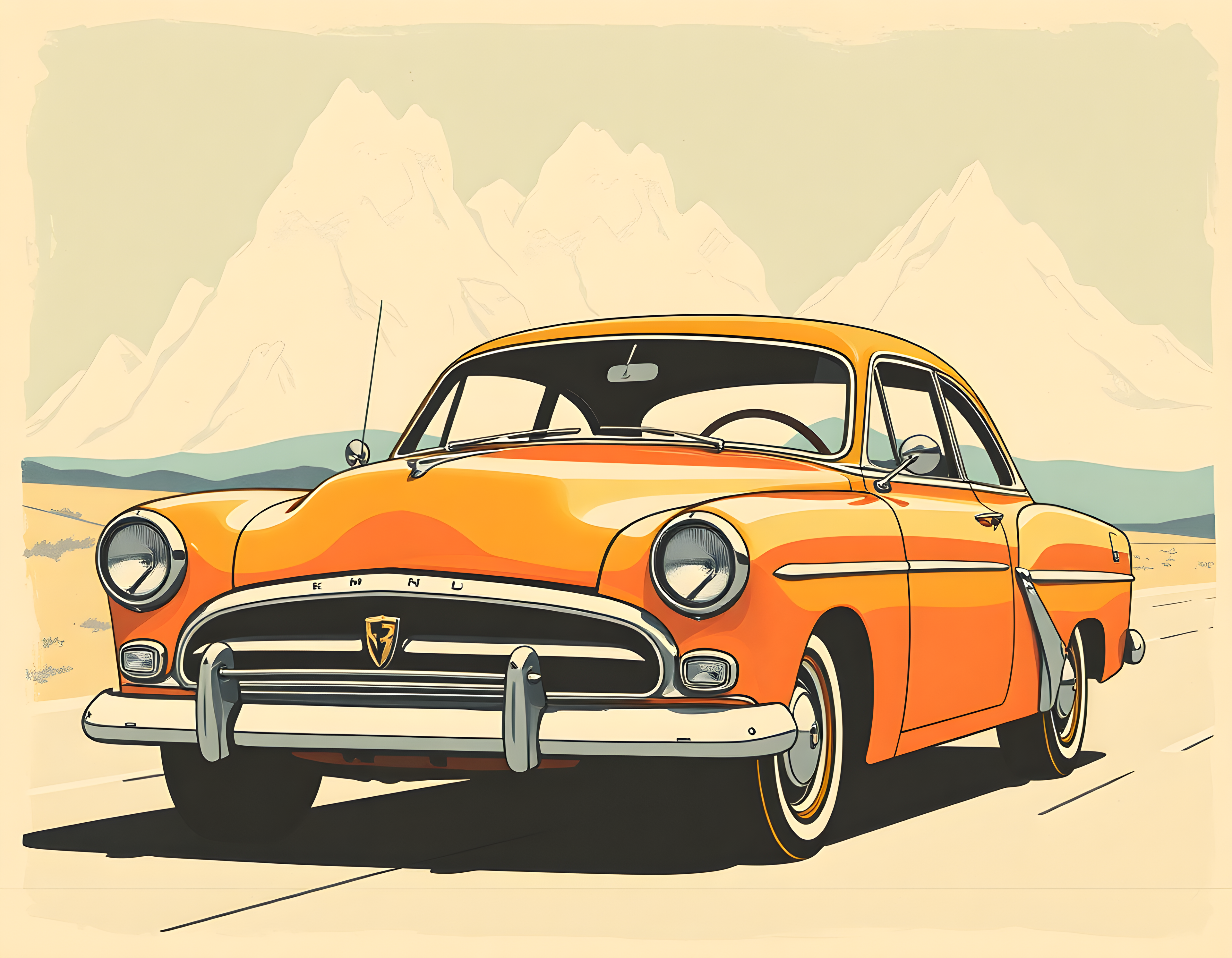 Orange Vintage Car Desert Mountain Landscape Wall Art