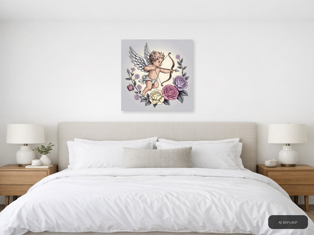 Cupid Angel with Bow and Roses Line Art Wall Art — A2 / Bedroom