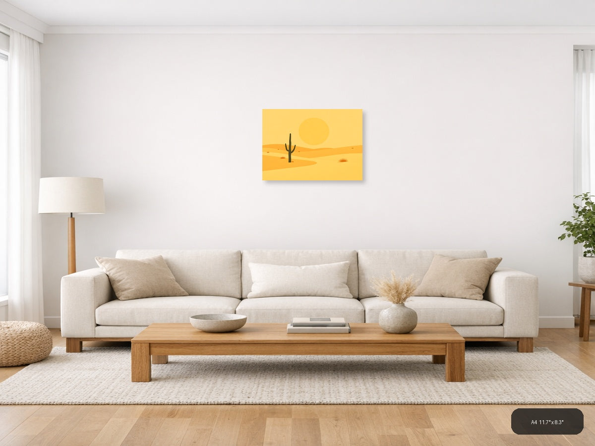 Vintage Desert Saguaro Cactus Sunset Landscape Wall Art — A4 / Living Room