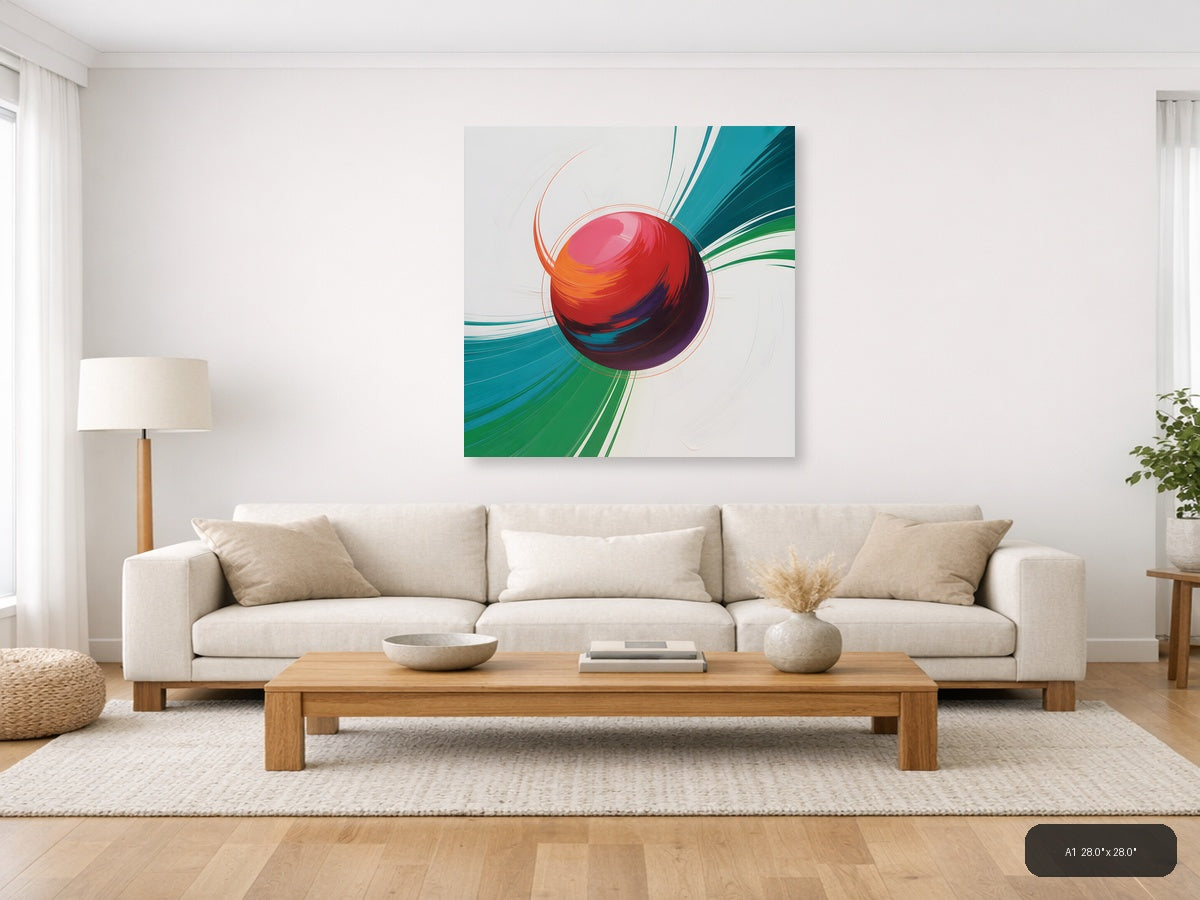 Red Sphere with Teal & Green Wave Abstract Wall Art — A1 / Living Room