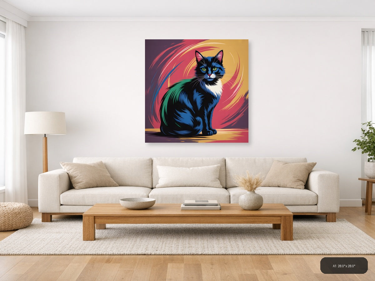 Colorful Abstract Cat Portrait with Green Eyes Wall Art — A1 / Living Room