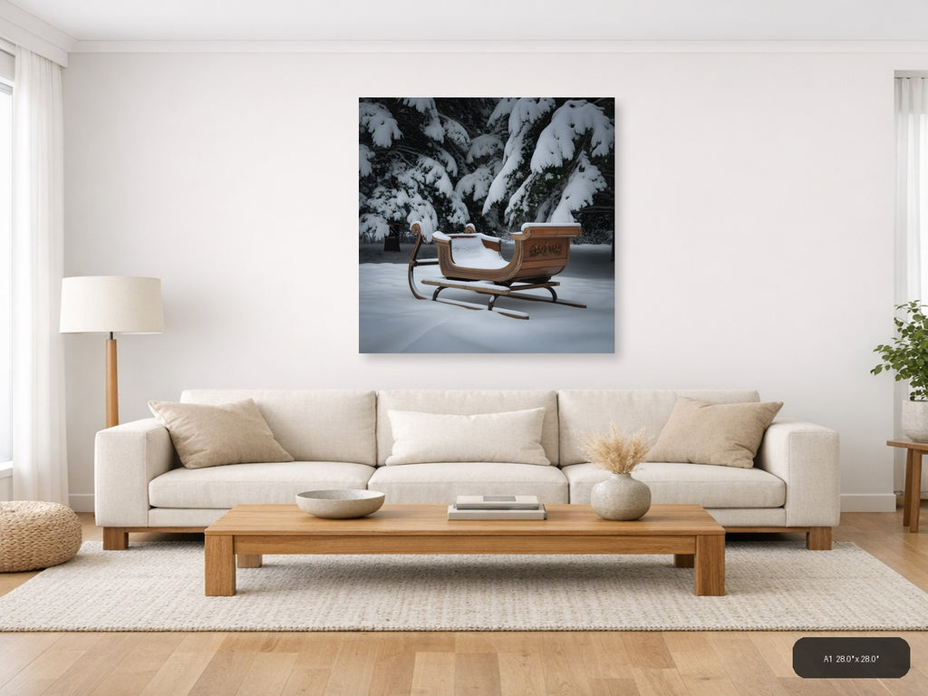 Ornate Wooden Sleigh in Winter Forest Snow Photography — A1 / Living Room