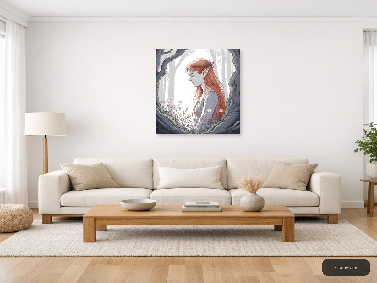 Forest Elf with Red Hair Line Art Wall Art — A2 / Living Room