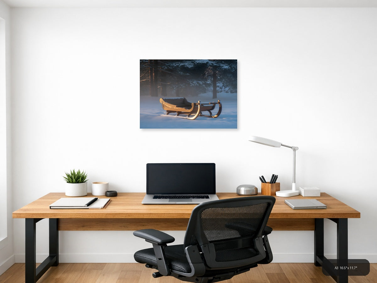 Golden Sleigh in Winter Forest Snow Photography Wall Art — A3 / Office