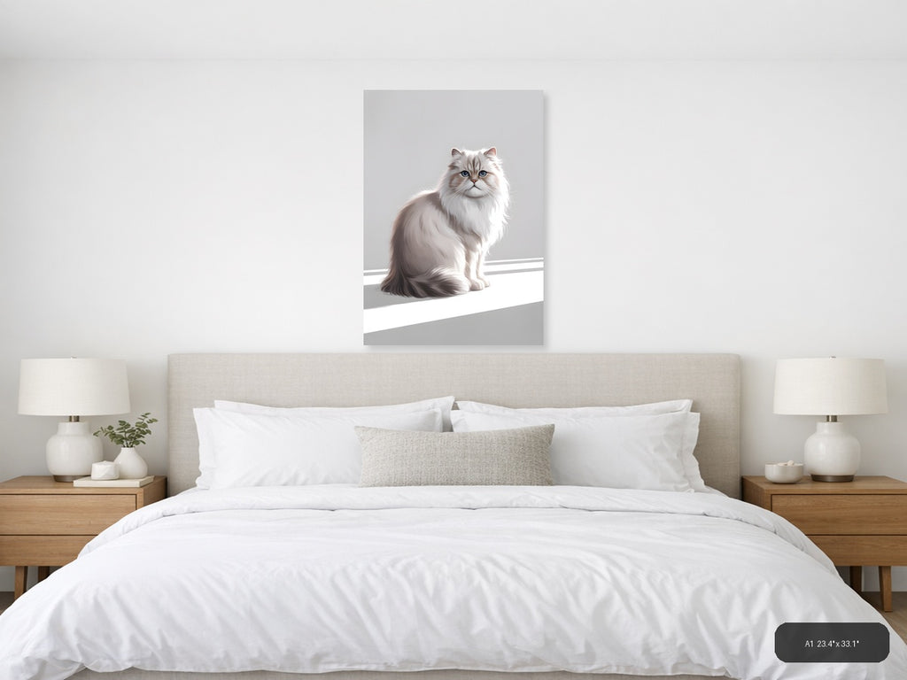 Fluffy White Cat with Blue Eyes Minimalist Wall Art — A1 / Bedroom