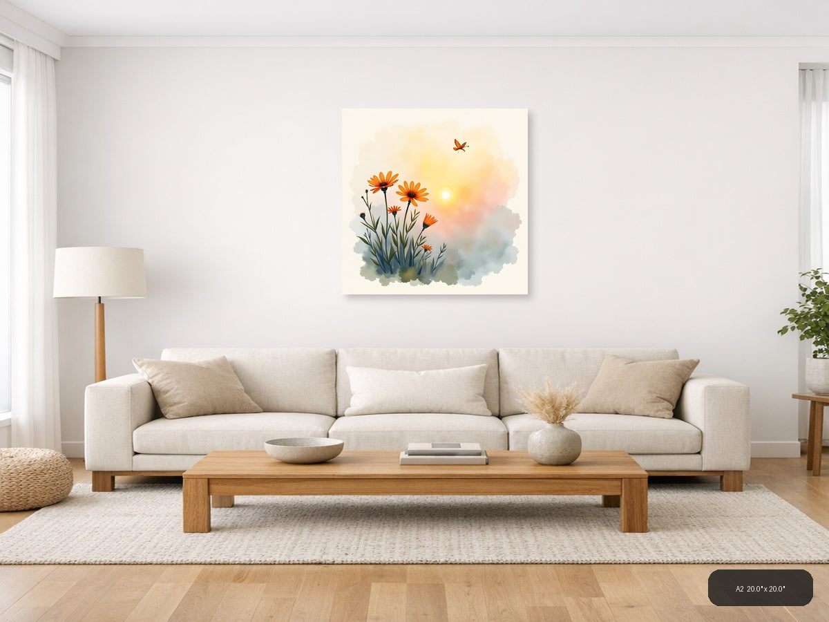 Orange Flowers Butterfly Sunrise Watercolor Wall Art — A2 / Living Room