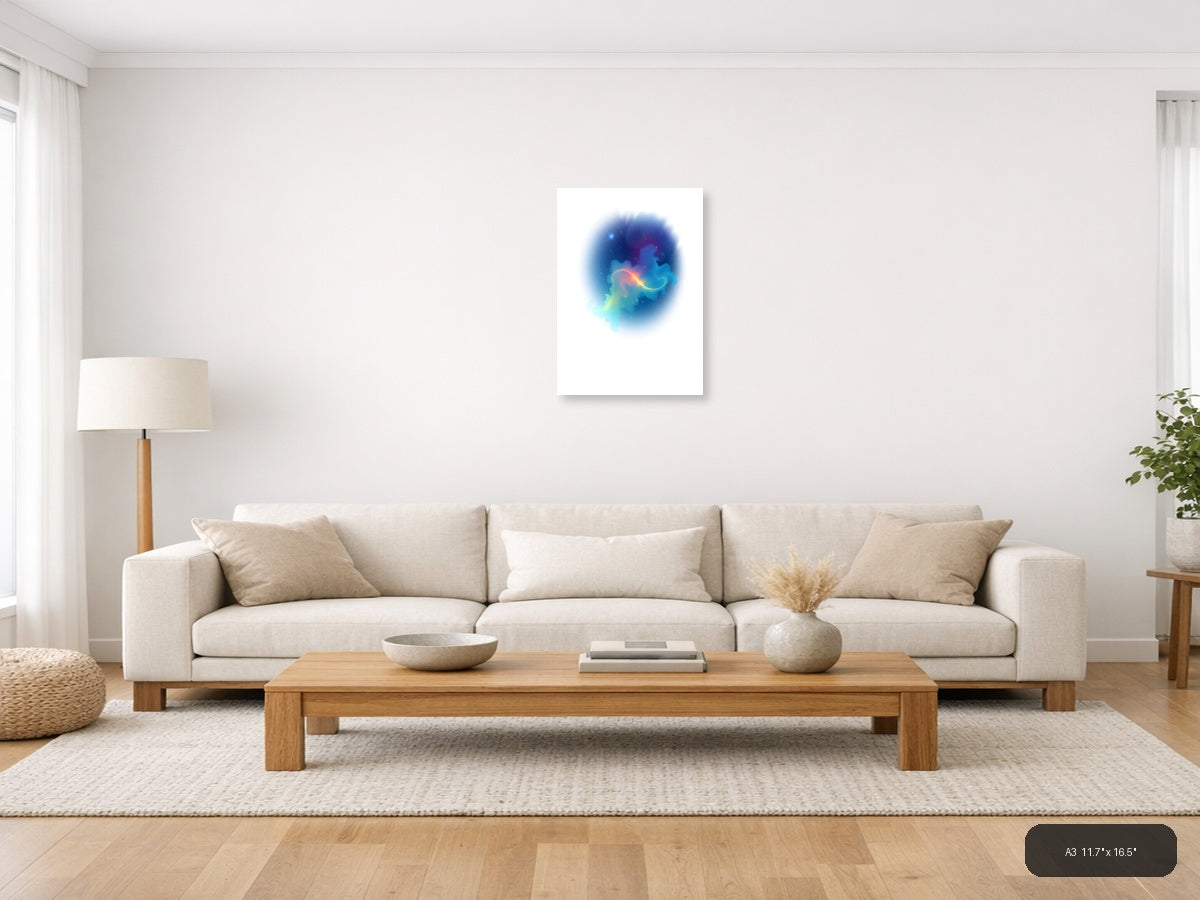 Minimalist Cosmic Nebula Blue Orange Wall Art — A3 / Living Room
