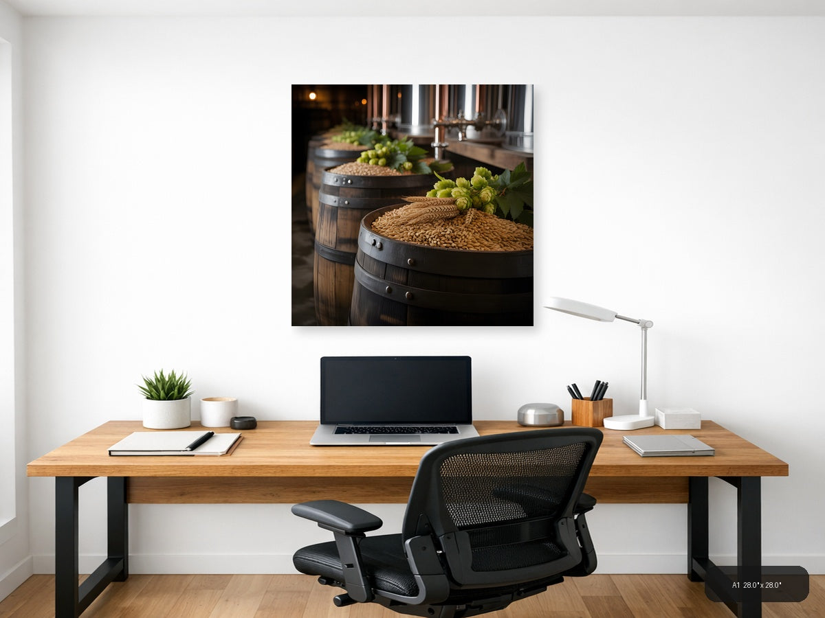 Brewery Barrels with Hops and Grain Photography Wall Art — A1 / Office