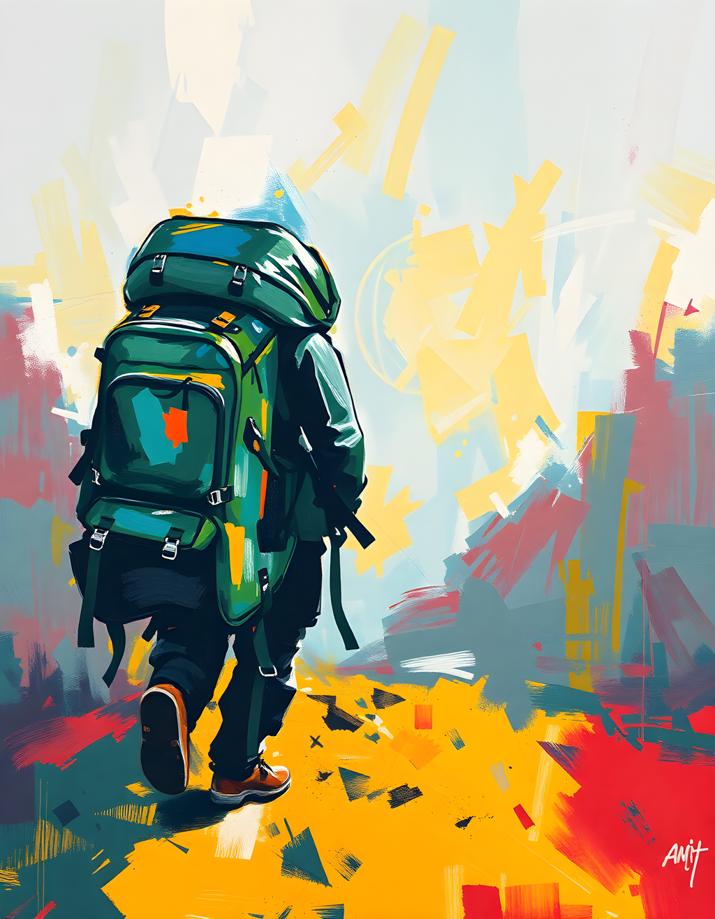 Abstract Hiker with Green Backpack Portrait Wall Art