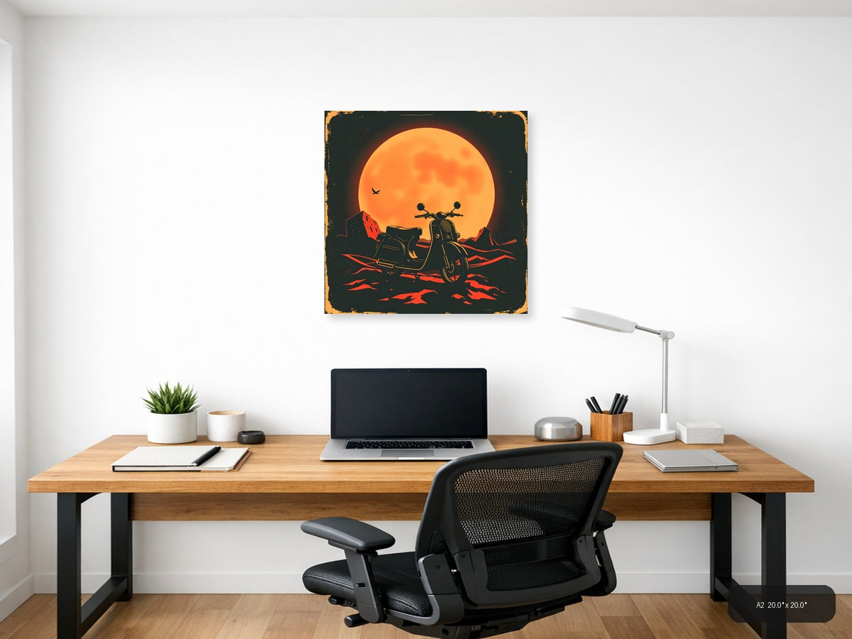 Vintage Motorcycle Sidecar Moon Silhouette Wall Art — A2 / Office