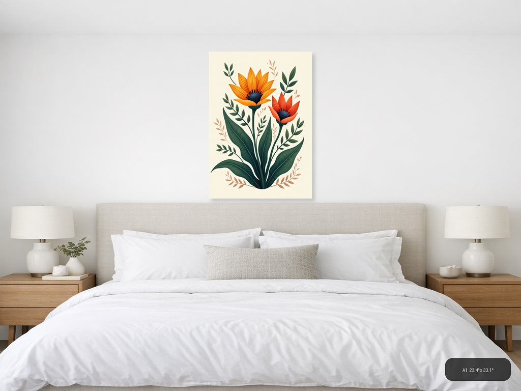 Orange Red Sunflowers Botanical Illustration Wall Art — A1 / Bedroom
