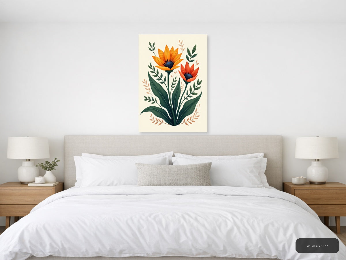 Orange Red Sunflowers Botanical Illustration Wall Art — A1 / Bedroom