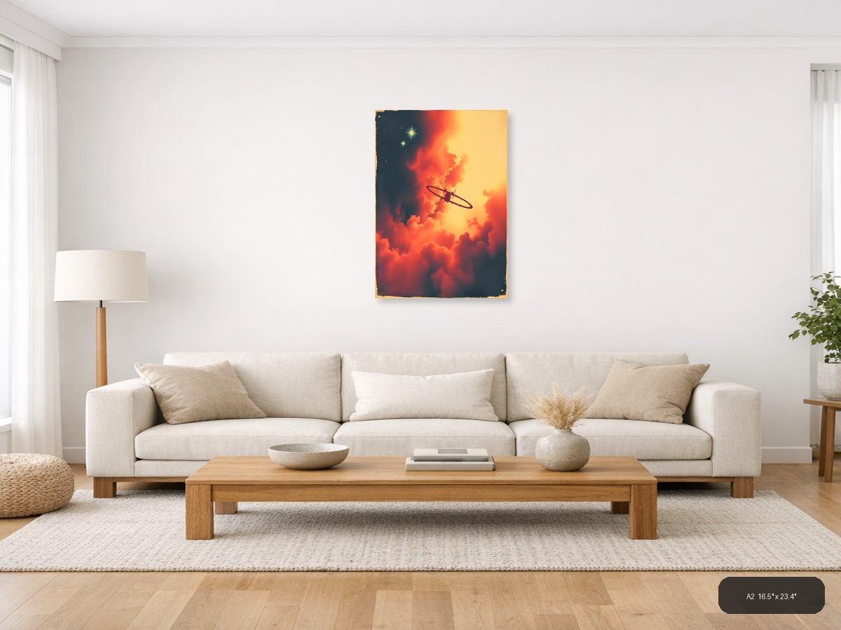 Vintage Spitfire Plane Sunset Clouds Wall Art — A2 / Living Room
