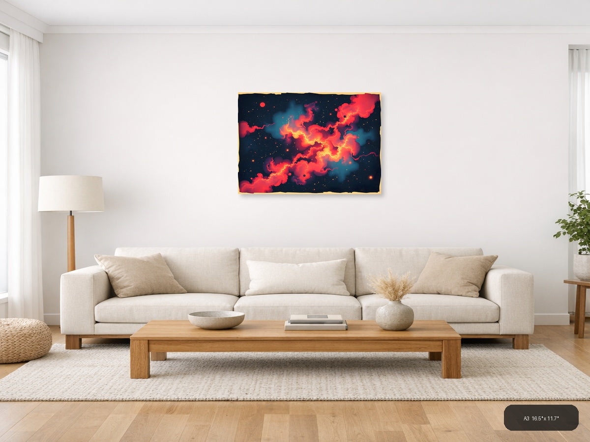 Vintage Cosmic Nebula Red Orange Fire Space Wall Art — A3 / Living Room