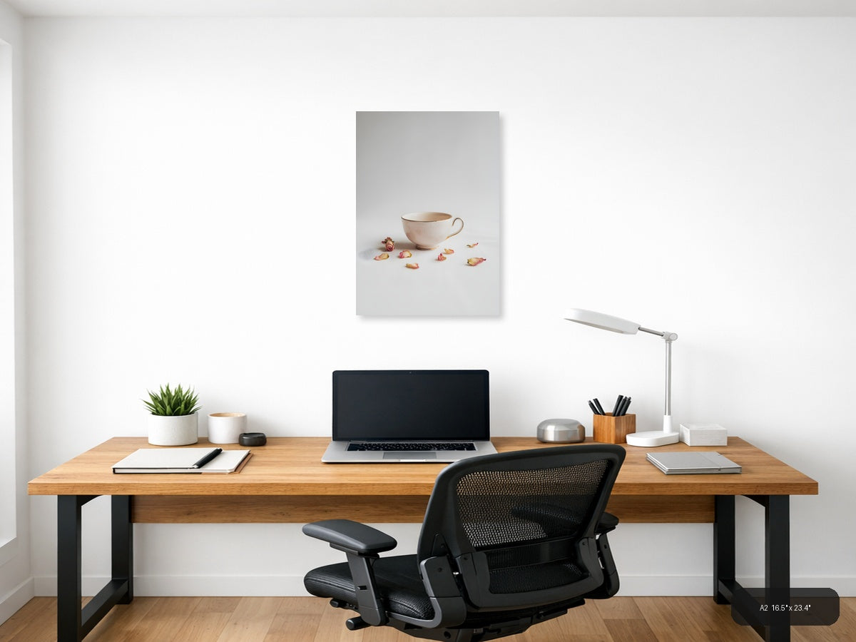 Minimalist Teacup and Rose Petals Wall Art — A2 / Office