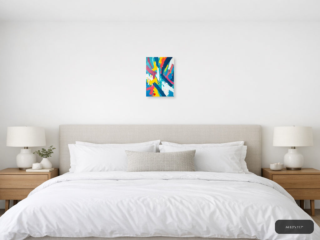 Vibrant Abstract Brush Strokes in Blue, Yellow & Red Wall Art — A4 / Bedroom