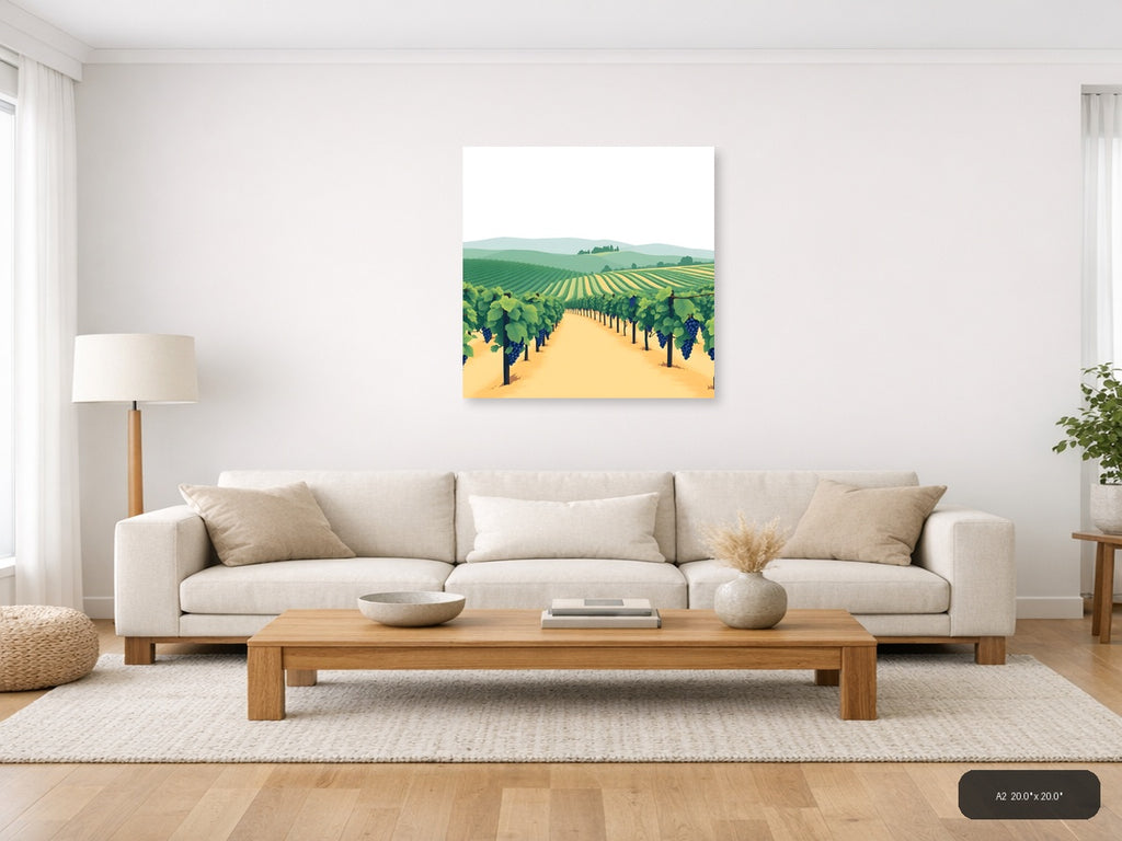 Minimalist Vineyard Landscape with Blue Grapes Wall Art — A2 / Living Room