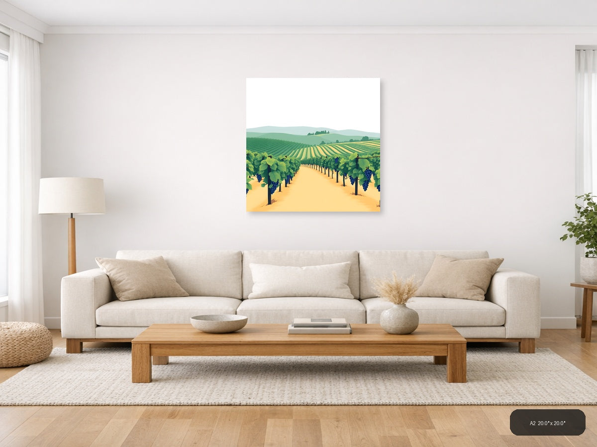 Minimalist Vineyard Landscape with Blue Grapes Wall Art — A2 / Living Room