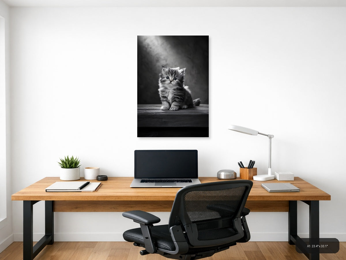 Fluffy Kitten Portrait Black and White Photography Wall Art — A1 / Office