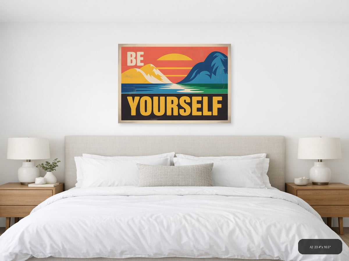 Be Yourself Vintage Retro Mountain Landscape Wall Art — A2 / Bedroom