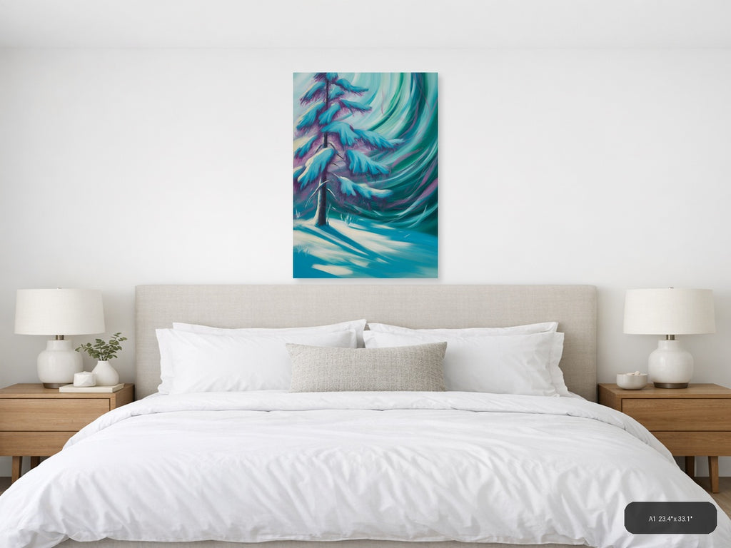 Abstract Winter Tree with Aurora Swirls Wall Art — A1 / Bedroom