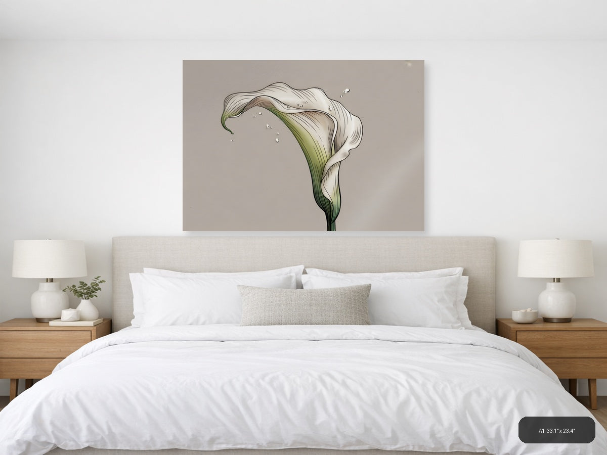 White Calla Lily with Water Drops Line Art Wall Art — A1 / Bedroom