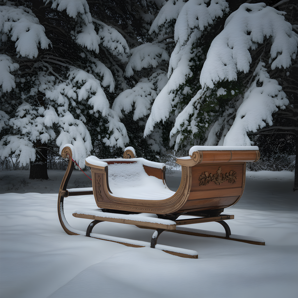 Ornate Wooden Sleigh in Winter Forest Snow Photography