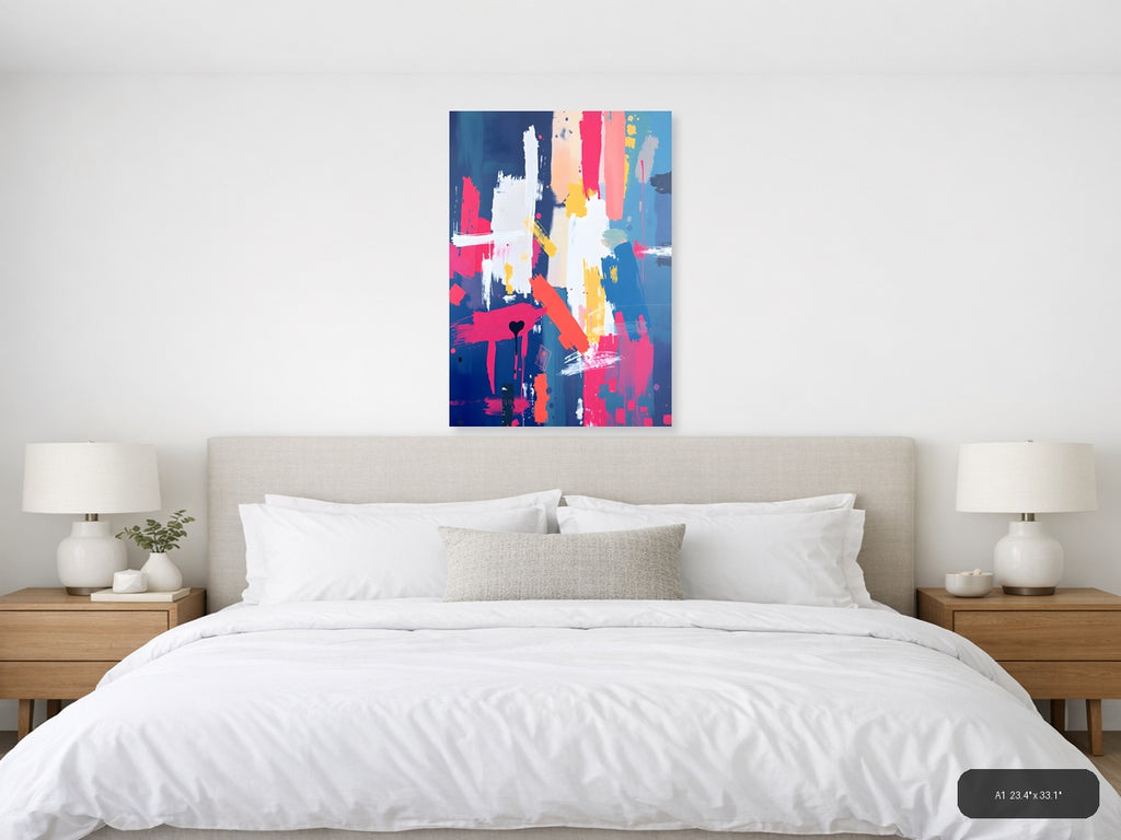 Vibrant Abstract Paint Splatter Blue Pink Yellow Wall Art — A1 / Bedroom