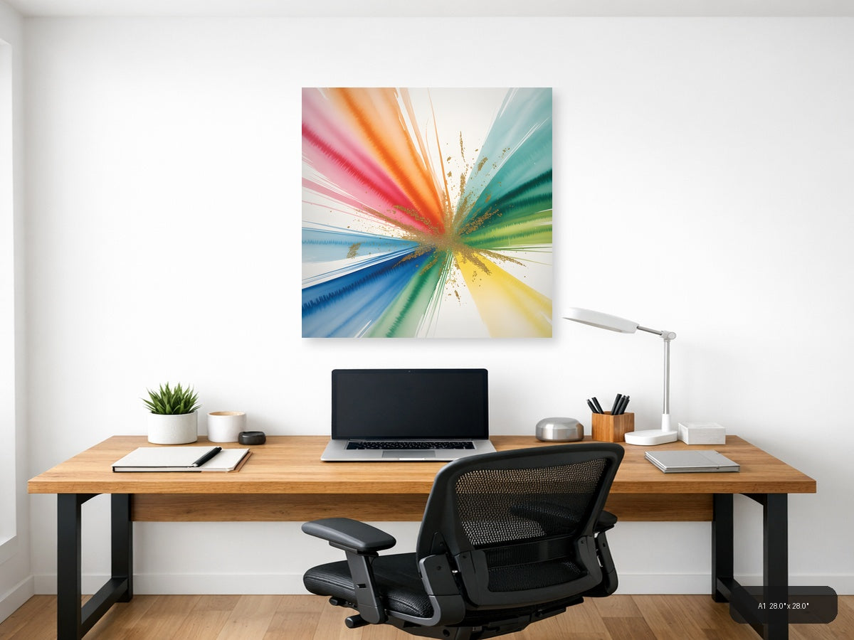Rainbow Watercolor Burst with Gold Splatter Wall Art — A1 / Office