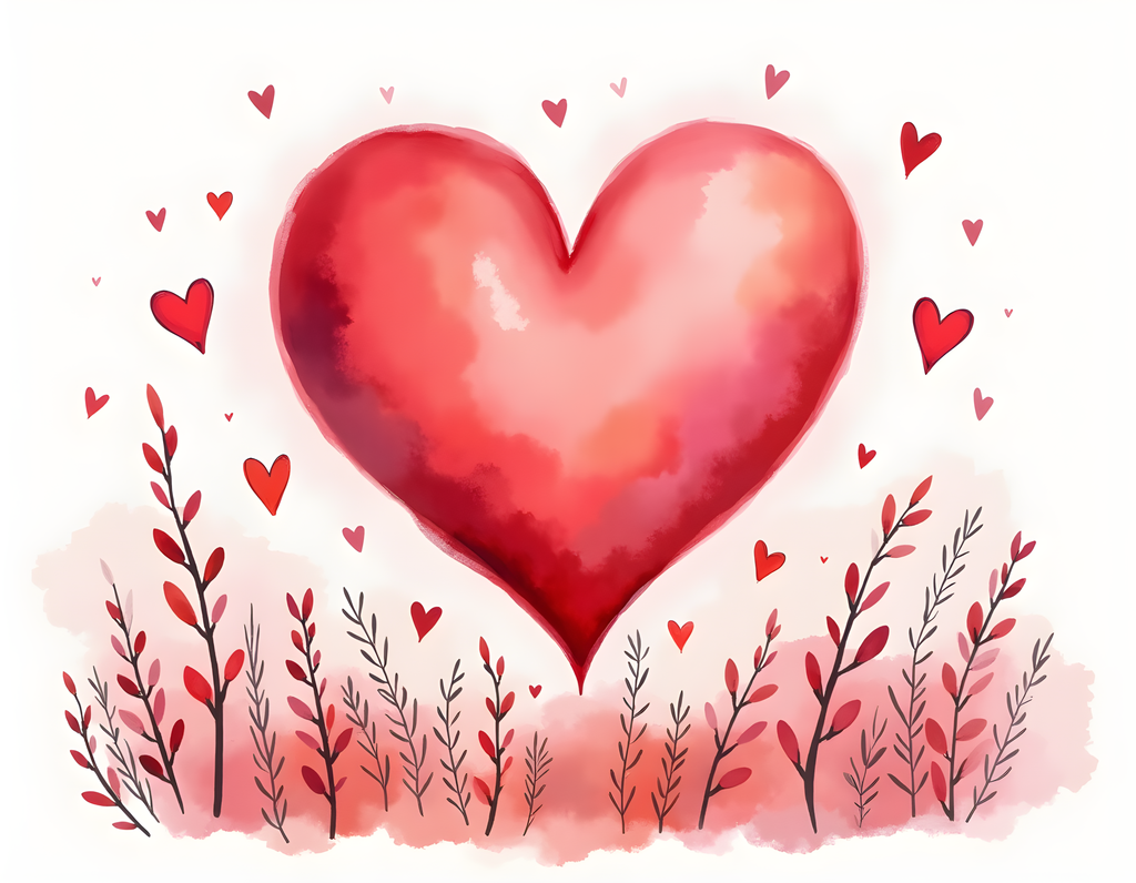 Red Watercolor Heart with Floral Field Wall Art