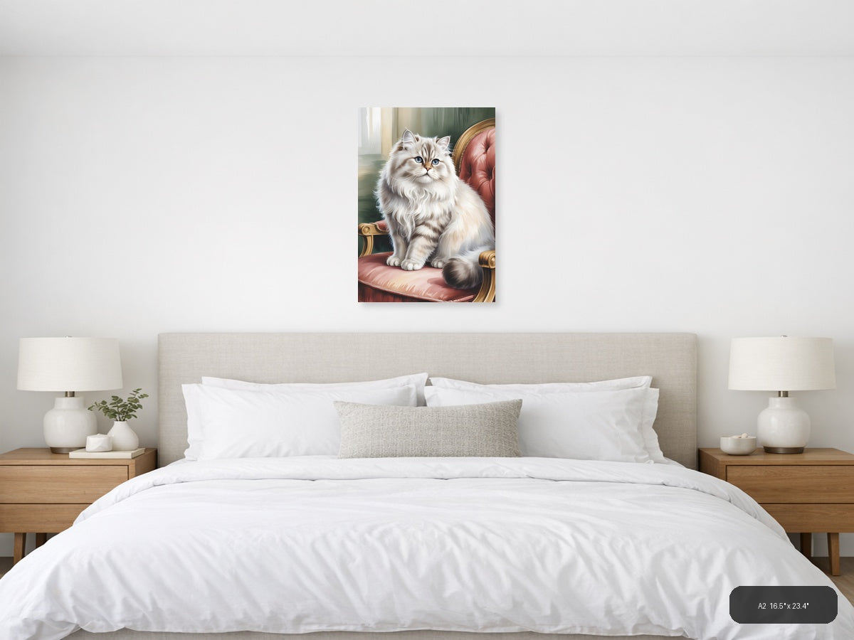 Fluffy White Cat on Pink Chair Watercolor Wall Art — A2 / Bedroom