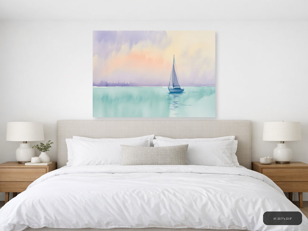 Sailboat on Turquoise Waters Watercolor Wall Art — A1 / Bedroom