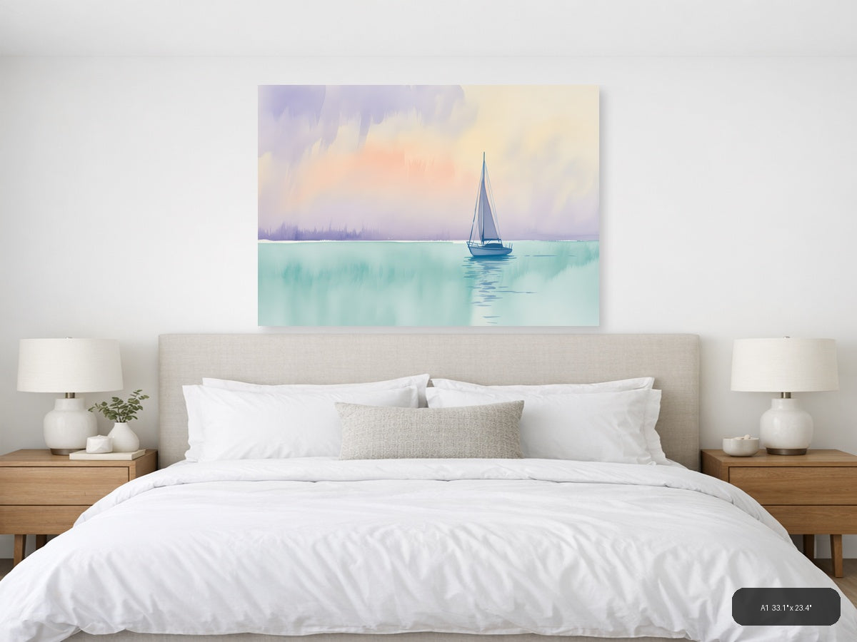 Sailboat on Turquoise Waters Watercolor Wall Art — A1 / Bedroom