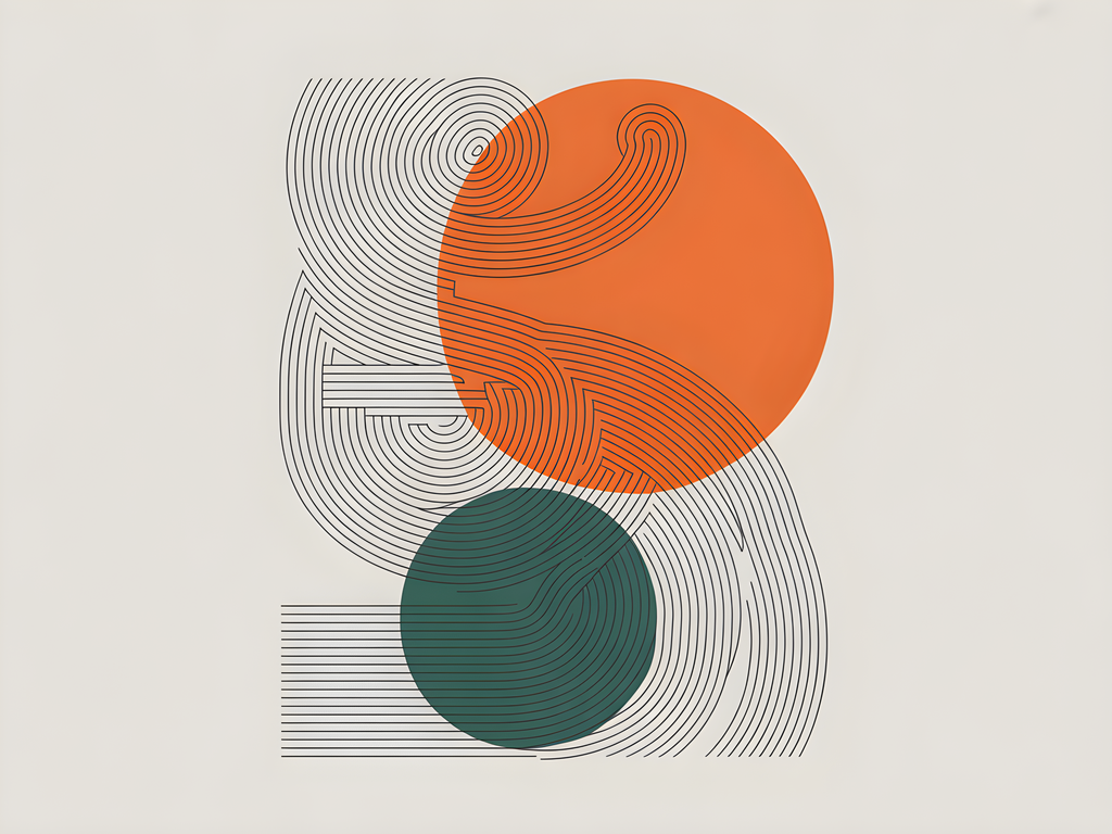 Abstract Line Art with Orange and Teal Circles Wall Art