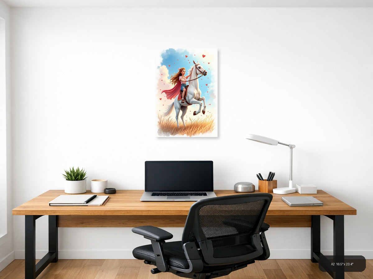 Girl on White Horse with Hearts Watercolor Wall Art — A2 / Office