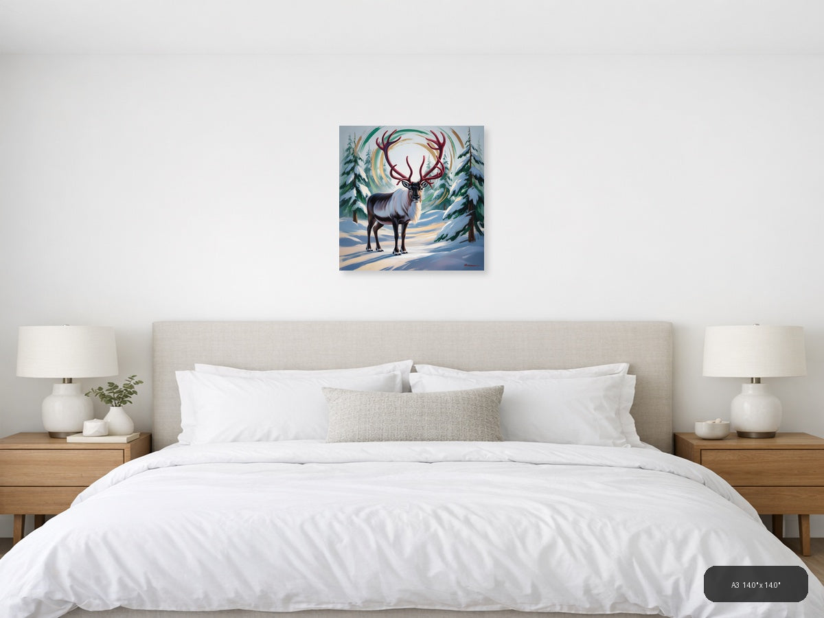 Majestic Reindeer with Swirling Aurora Winter Wall Art — A3 / Bedroom