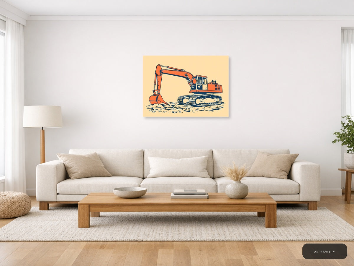 Vintage Orange Excavator Construction Wall Art — A3 / Living Room