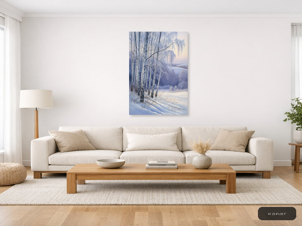 Frozen Birch Trees by Winter Lake Watercolor Wall Art — A1 / Living Room