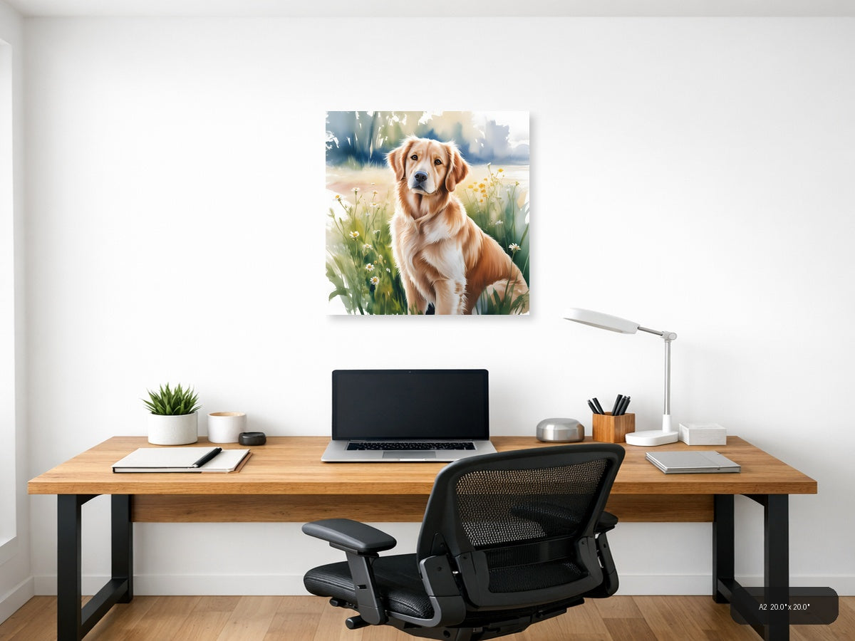 Golden Retriever in Wildflowers Watercolor Wall Art — A2 / Office
