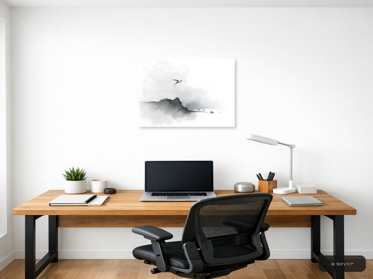 Minimalist Bird Over Mountain Mist Watercolor Wall Art — A3 / Office