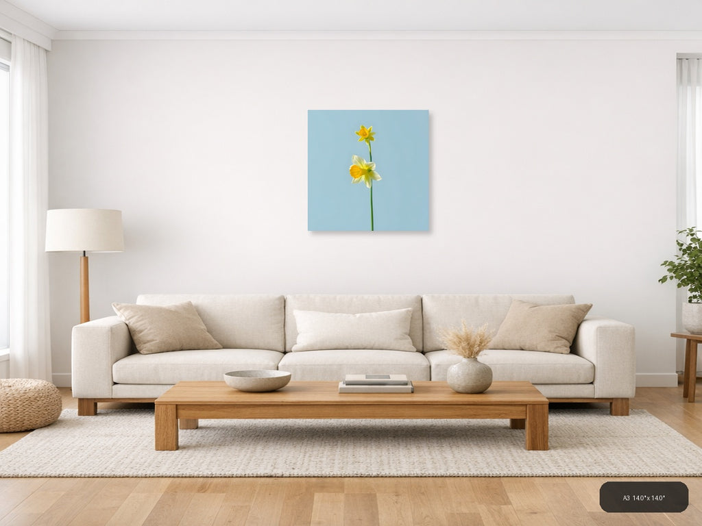 Two Yellow Daffodils Minimalist Botanical Wall Art — A3 / Living Room